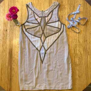 Anthropology, 100% Silk, Light Tan/Cream/Pink/&Bronze, Shift Dress, Sz. L
